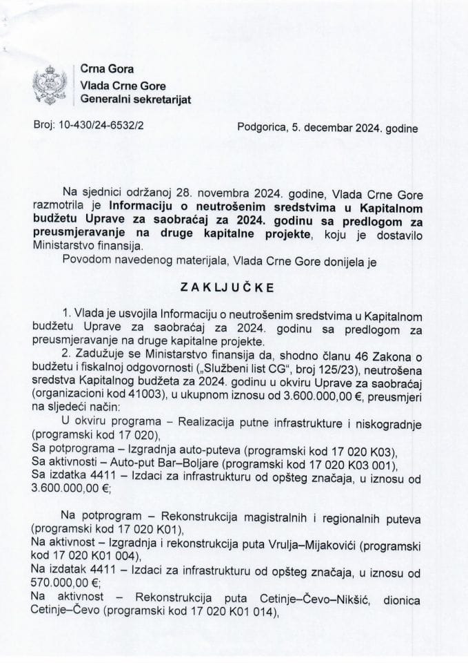 Информација о неутрошеним средствима у Капиталном буџету Управе за саобраћај за 2024. годину са предлогом за преусмјеравање на друге капиталне пројекте - закључци