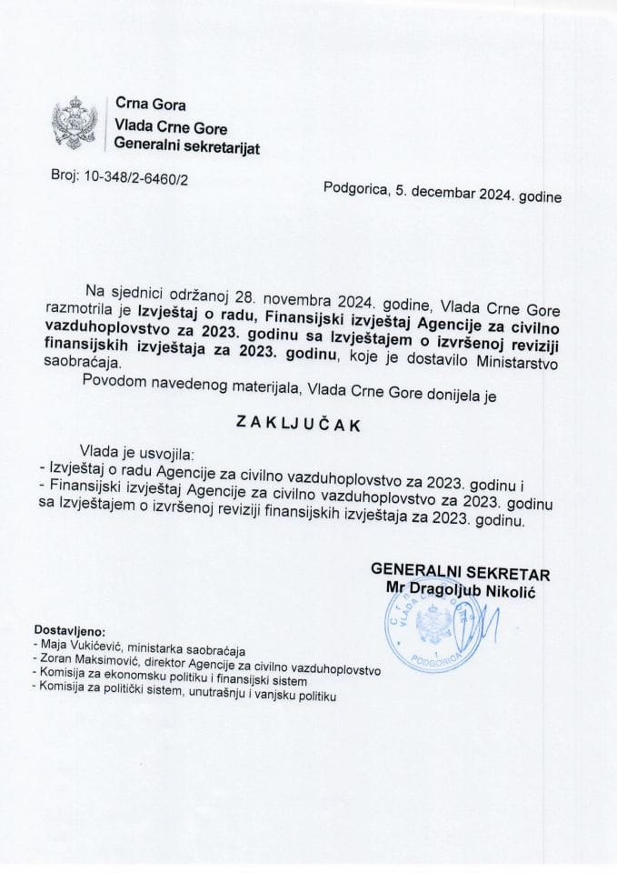 Извјештај о раду, Финансијски извјештај Агенције за цивилно ваздухопловство за 2023. годину са Извјештајем о извршеној ревизији финансијских извјештаја за 2023. годину - закључци