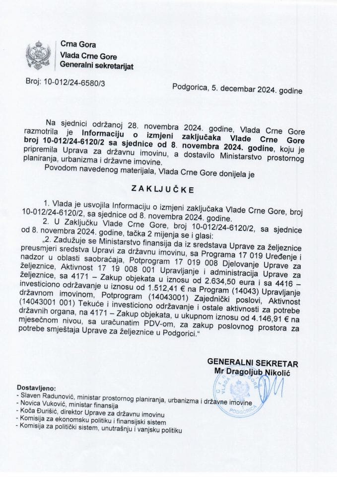 Информација о измјени закључака Владе Црне Горе, број: 10-012/24-6120/2, са сједнице од 8. новембра 2024. године - закључци