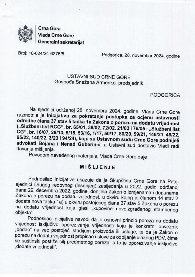 Предлог мишљења на Иницијативу за покретање поступка за оцјену уставности одредбе члана 37 став 5 тачка 1а Закона о порезу на додату вриједност - закључци