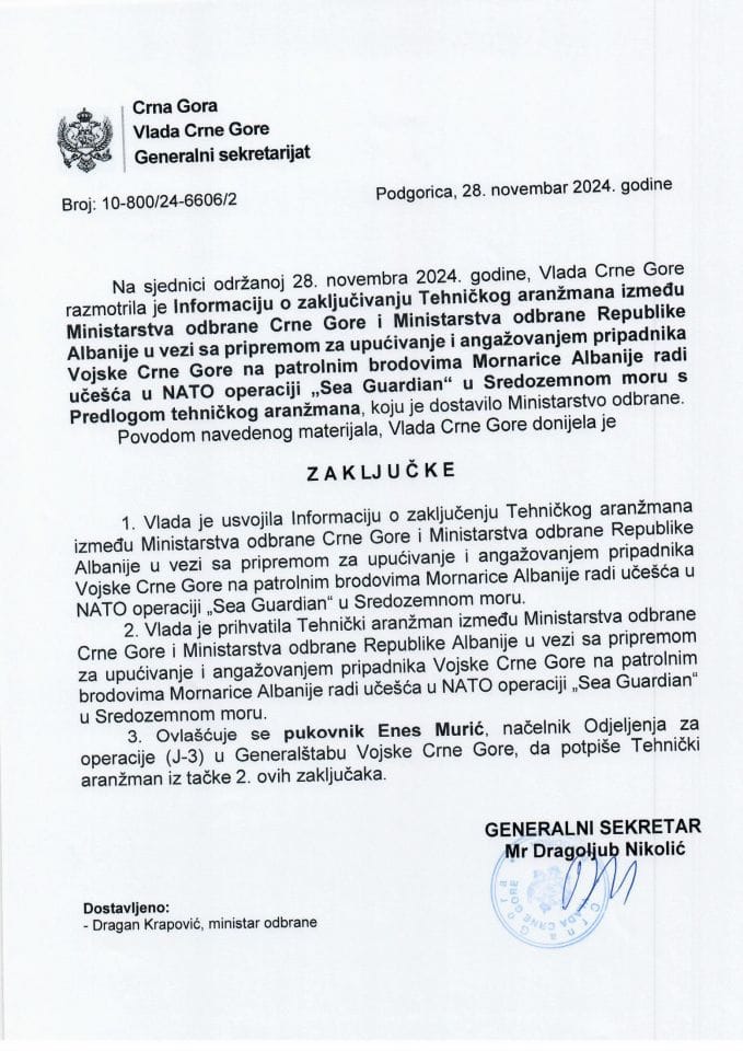 Информација о закључивању Техничког аранжмана између Министарства одбране ЦГ и Министарства одбране Републике Албаније у вези са припремом за упућивање и ангажовањем припадника Војске Црне Горе на патролним бродовима Морнарице Албаније - закључци