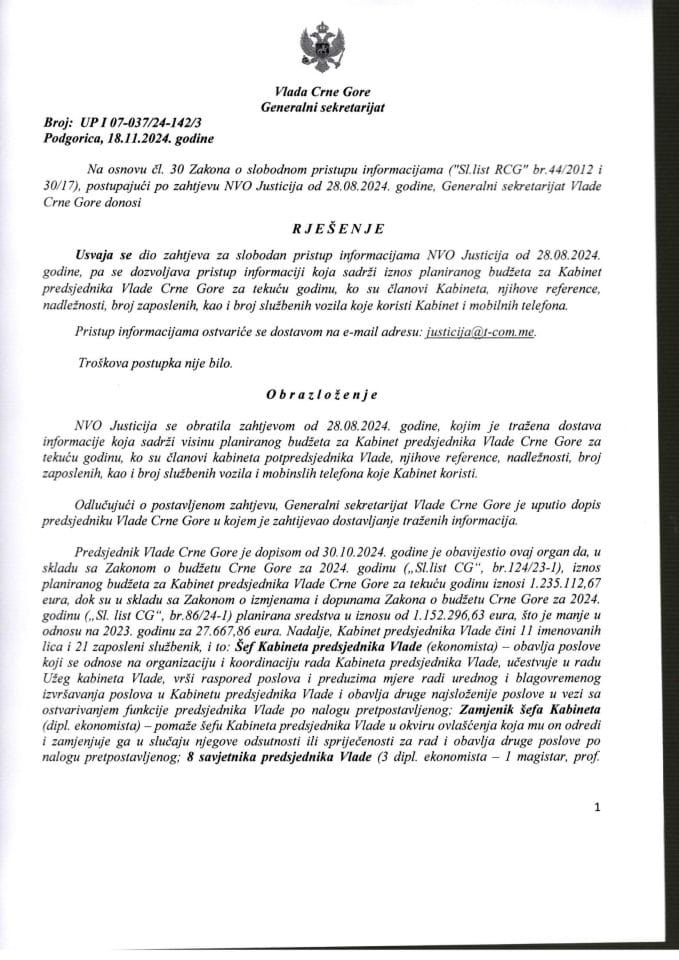 Informacija kojoj je pristup odobren po zahtjevu NVO Justicija od 28.08.2024. godine – UP I - 07-037/24-142/3