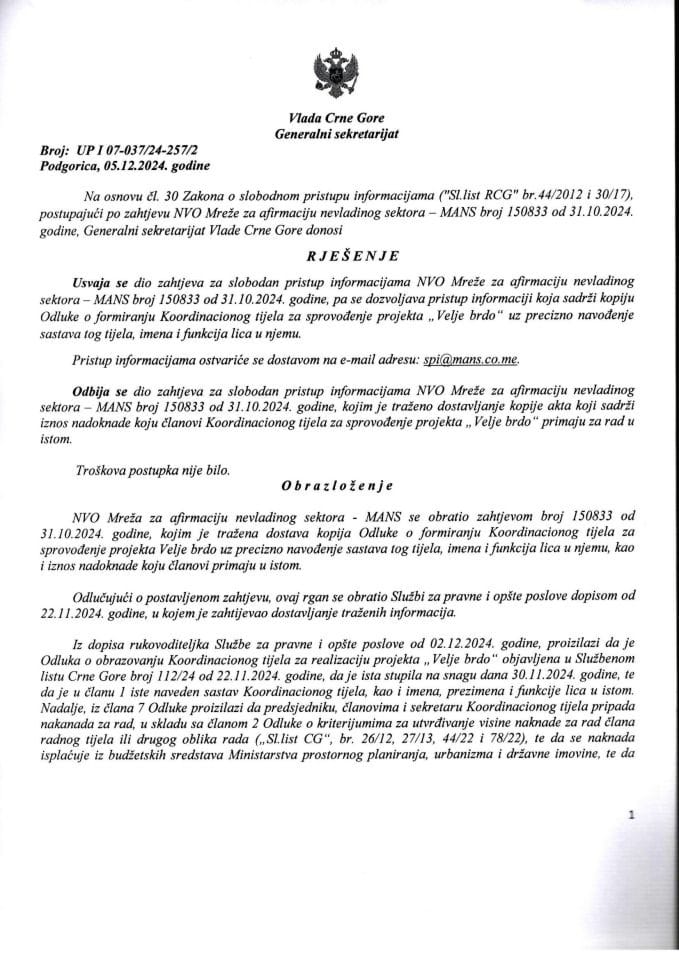 Informacija kojoj je pristup odobren po zahtjevu NVO Mreža za afirmaciju nevladinog sektora MANS od 31.10.2024. godine – UPI - 07-037/24-257/2