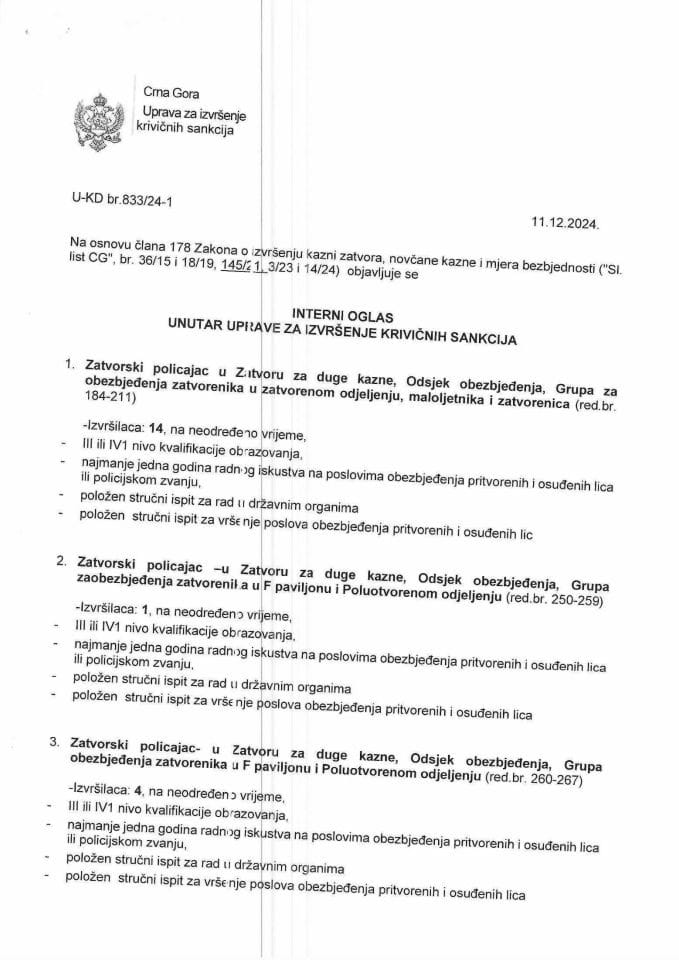 Interni oglas unutar Uprave za izvršenje krivičnih sankcija 11.12.2024. godine