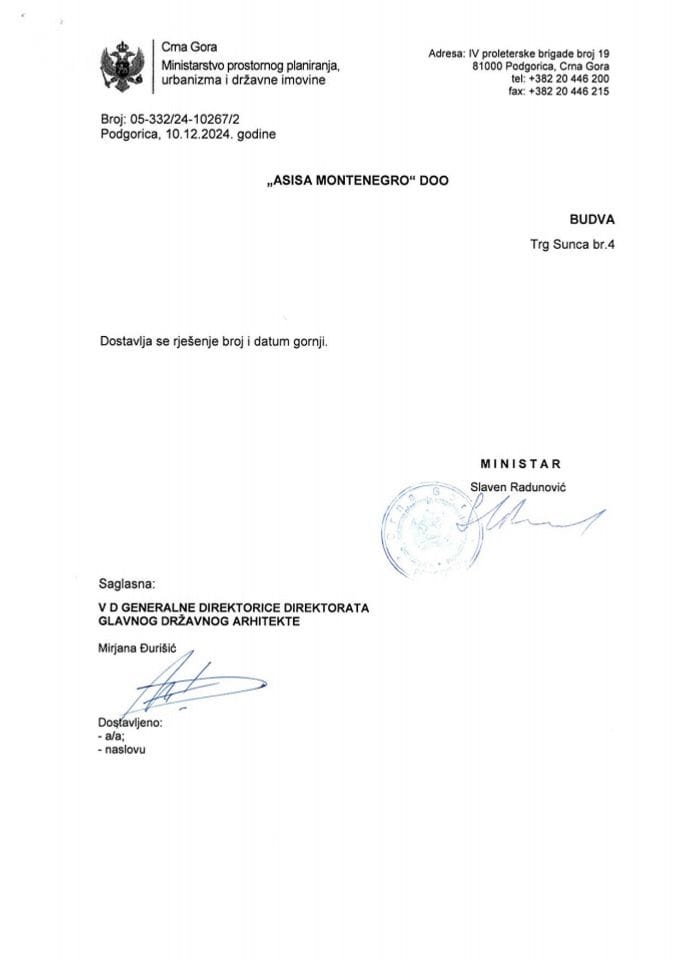 Rješenja glavnog državnog arhitekte - 10.12.2024 Rješenje -ASISA MONTENEGRO DOO, Budva -Opština Kotor