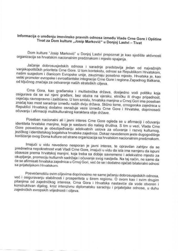 Informacija o uređenju imovinsko pravnih odnosa između Vlade Crne Gore i Opštine Tivat za Dom kulture "Josip Marković" u Donjoj Lastvi - Tivat