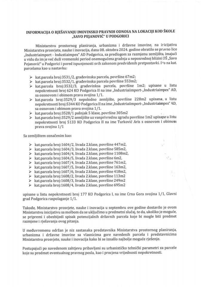 Informacija o rješavanju imovinsko pravnih odnosa na lokaciji kod škole "Savo Pejanović" u Podgorici