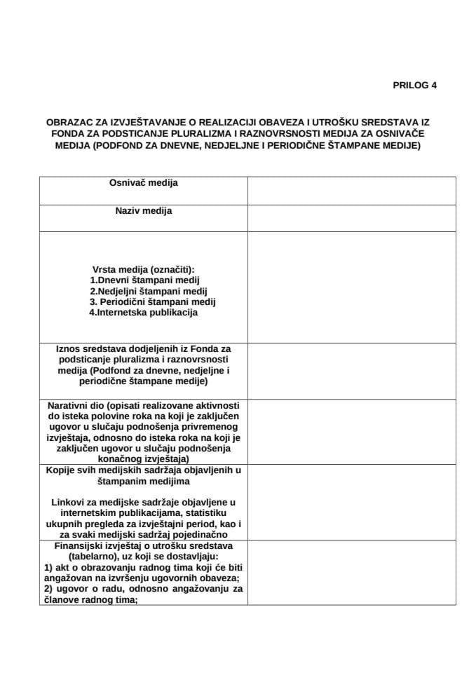 ОБРАЗАЦ ЗА ИЗВЈЕШТАВАЊЕ О РЕАЛИЗАЦИЈИ ОБАВЕЗА И УТРОШКУ СРЕДСТАВА ИЗ ФОНДА ЗА ПОДСТИЦАЊЕ ПЛУРАЛИЗМА И РАЗНОВРСНОСТИ МЕДИЈА ЗА ОСНИВАЧЕ МЕДИЈА
