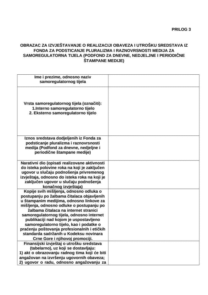 ОБРАЗАЦ ЗА ИЗВЈЕШТАВАЊЕ О РЕАЛИЗАЦИЈИ ОБАВЕЗА И УТРОШКУ СРЕДСТАВА ИЗ ФОНДА ЗА ПОДСТИЦАЊЕ ПЛУРАЛИЗМА И РАЗНОВРСНОСТИ МЕДИЈА ЗА САМОРЕГУЛАТОРНА ТИЈЕЛА