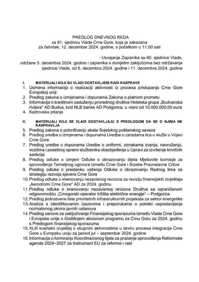 Predlog dnevnog reda za 61. sjednicu Vlade Crne Gore