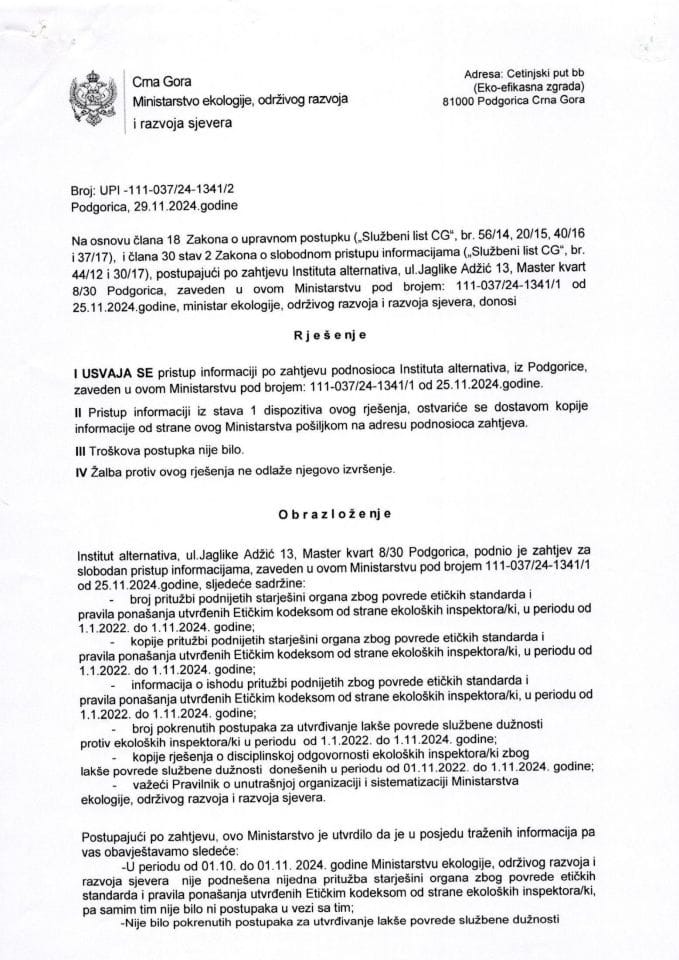 Рјешења - Слободан приступ информацијама -Рјешење по захтјеву МАНСА за СПИ бр. УПИ -111-037/24-1341/2