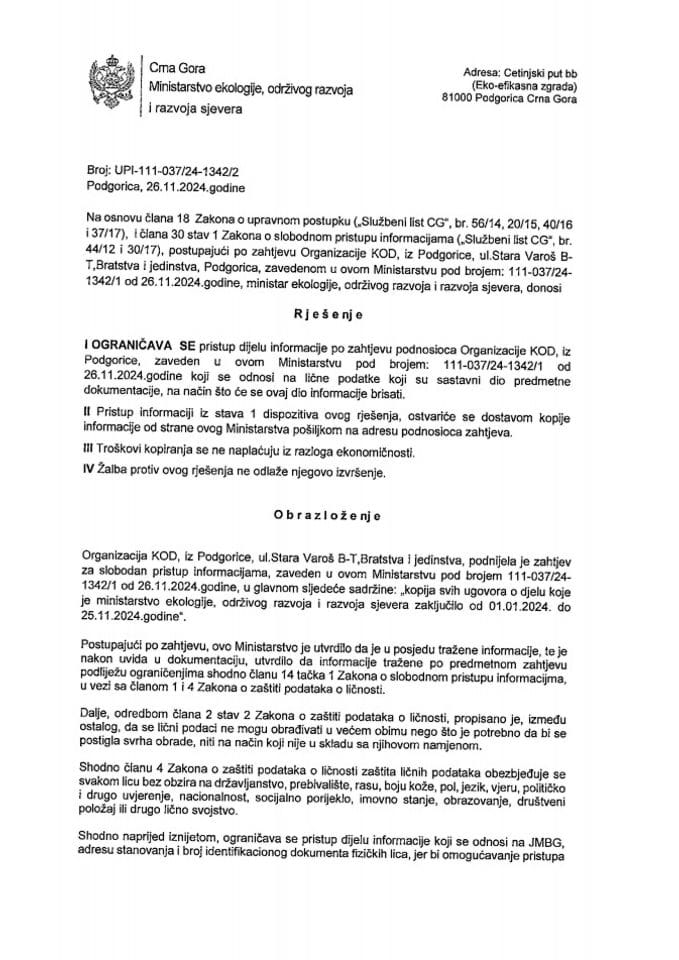 Рјешења - Слободан приступ информацијама - Рјешење по захтјеву Организације КОД за СПИ бр. УПИ -111-03724-13422