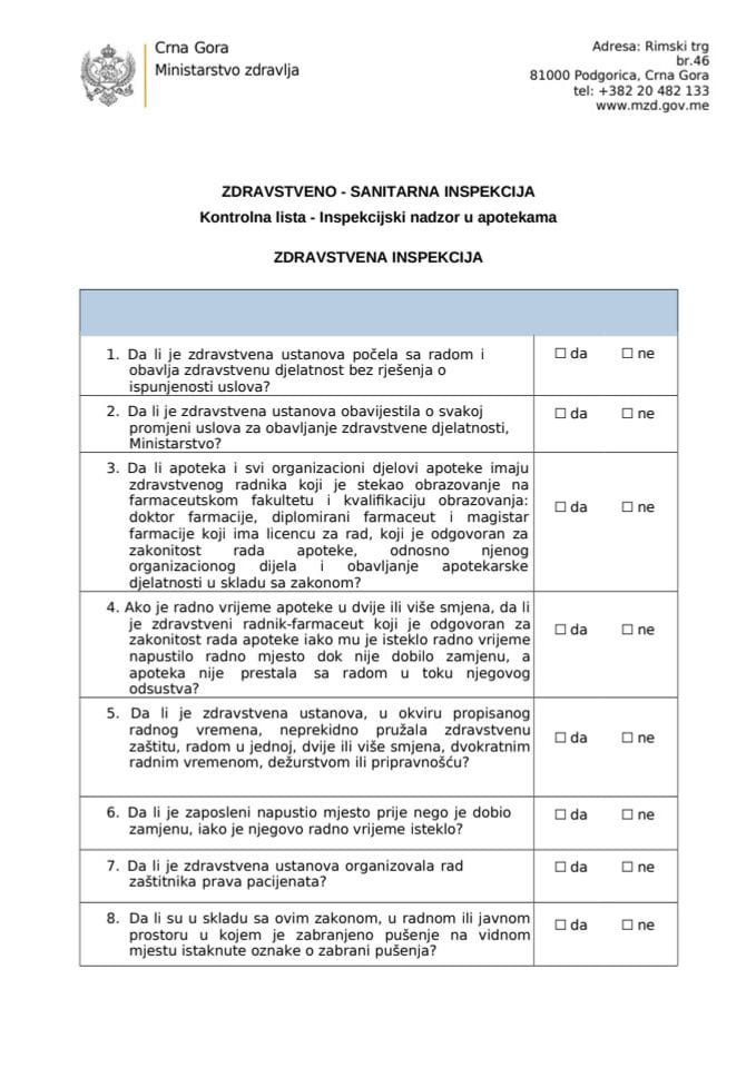 Контролна листа - Инспекцијски надзор у апотекама-здравствена инспекција