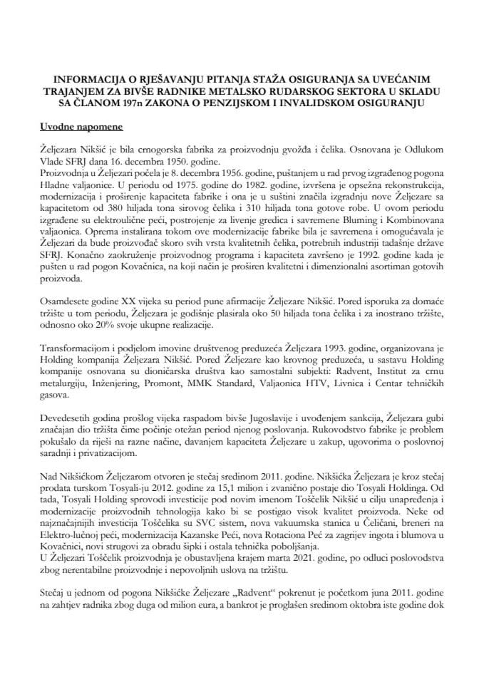 Informacija o rješavanju pitanja staža osiguranja sa uvećanim trajanjem za bivše radnike metalsko rudarskog sektora u skladu sa članom 197n Zakona o penzijskom i invalidskom osiguranju