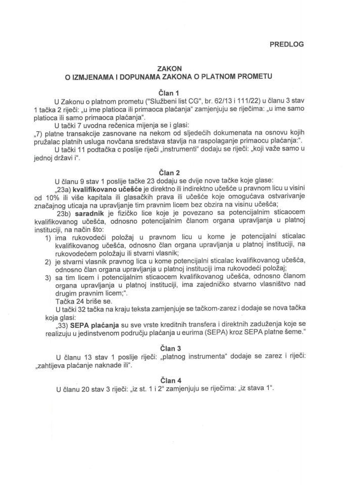 Predlog zakona o izmjenama i dopunama Zakona o platnom prometu