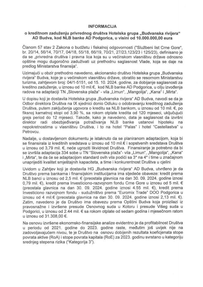 Informacija o kreditnom zaduženju privrednog društva Hotelska grupa „Budvanska rivijera“ AD Budva, kod NLB banke AD Podgorica, u visini od 10.000.000,00 eura