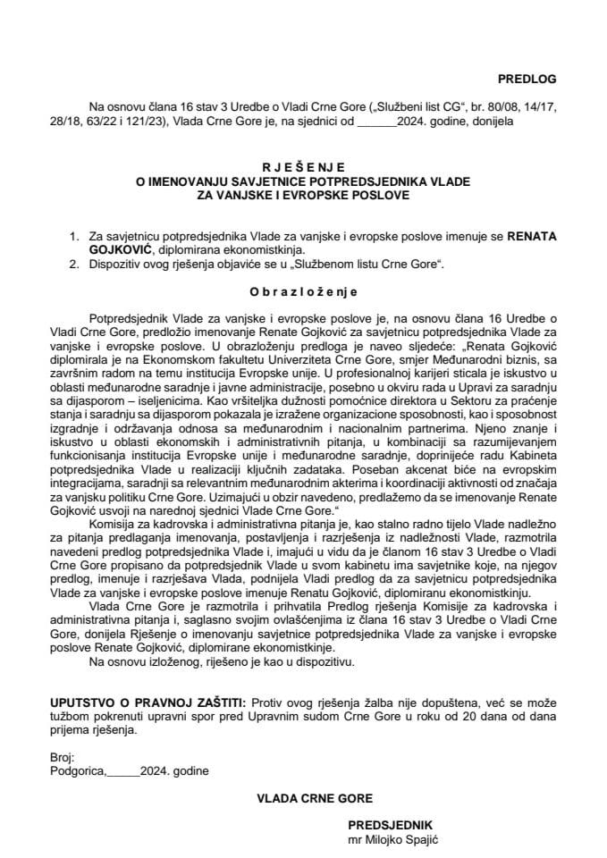 Predlog za imenovanje savjetnice potpredsjednika Vlade za vanjske i evropske poslove