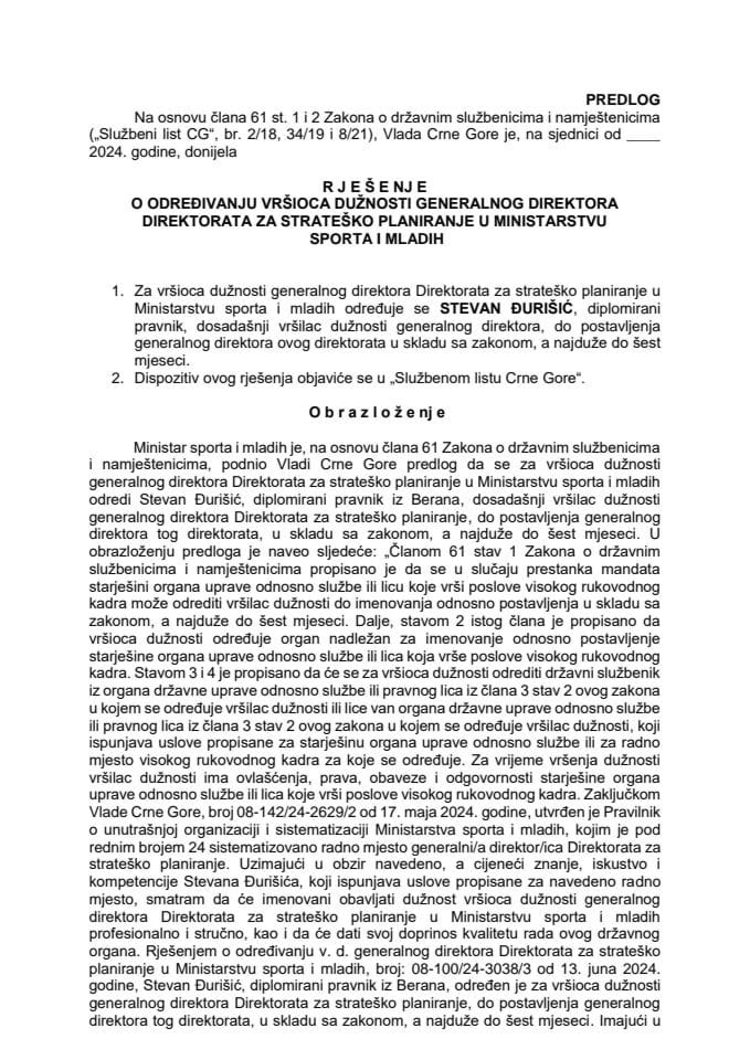 Predlog za određivanje vršioca dužnosti generalnog direktora Direktorata za strateško planiranje u Ministarstvu sporta i mladih