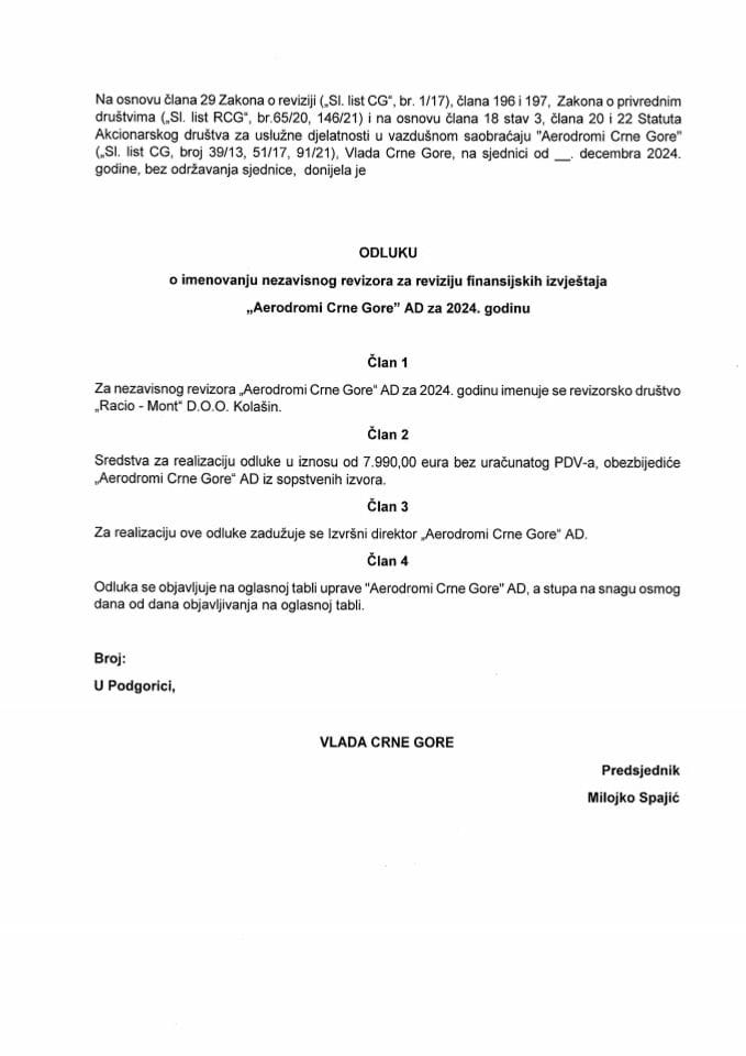 Predlog odluke o imenovanju nezavisnog revizora za reviziju finansijskih izvještaja „Aerodromi Crne Gore“ AD za 2024. godinu