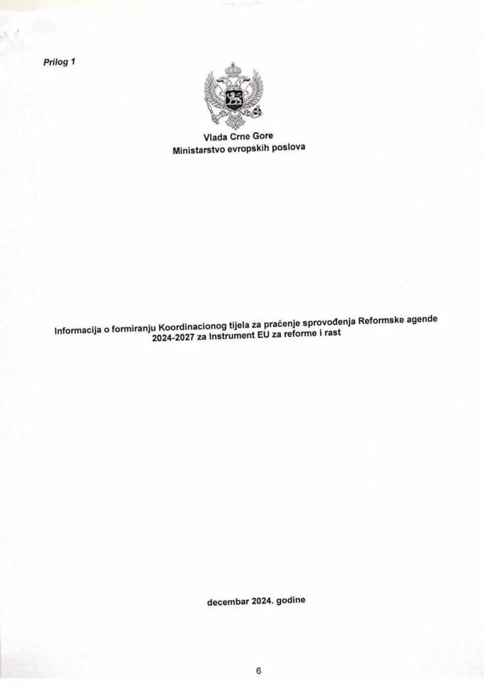 Informacija o formiranju Koordinacionog tijela za praćenje sprovođenja Reformske agende 2024−2027 za Instrument EU za reforme i rast