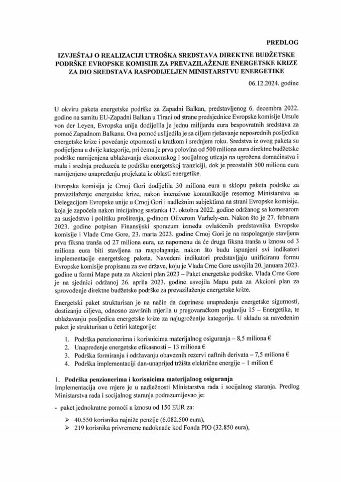 Izvještaj o realizaciji utroška sredstava direktne budžetske podrške Evropske komisije za prevazilaženje energetske krize za dio sredstava raspodijeljen Ministarstvu energetike