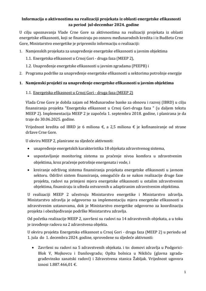 Informacija o aktivnostima na realizaciji projekata iz oblasti energetske efikasnosti za period jul - decembar 2024. godine