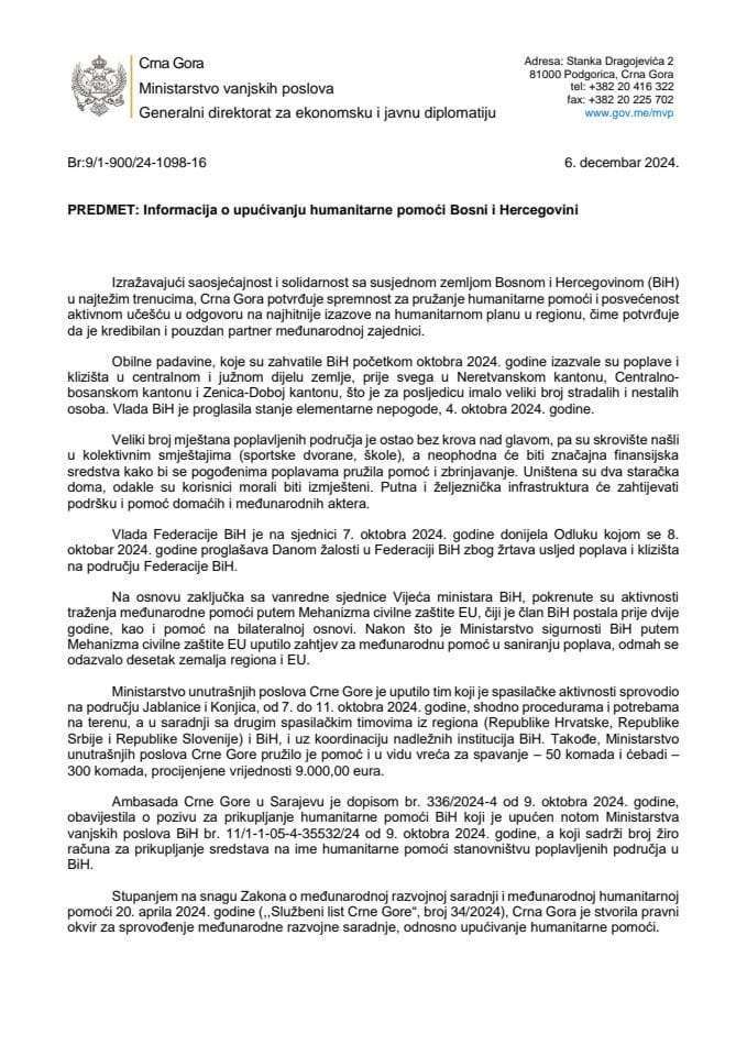Informacija o upućivanju humanitarne pomoći Bosni i Hercegovini