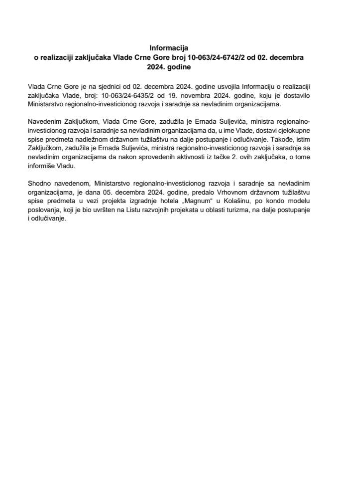 Informacija o realizaciji zaključaka Vlade Crne Gore, broj: 10-063/24-6742/2, od 02. decembra 2024. godine