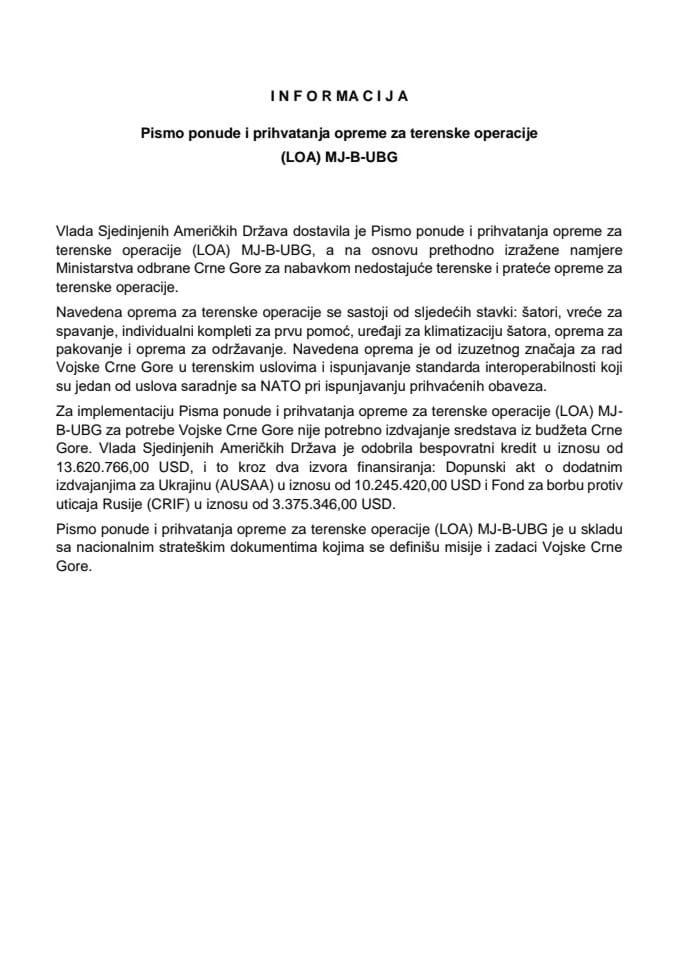 Informacija o Pismu ponude i prihvatanja opreme za terenske operacije sa Pismom ponude i prihvatanja opreme za terenske operacije (LOA) MJ-B-UBG