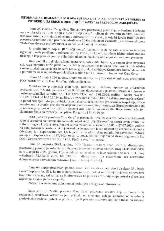 Informacija o realizaciji poslova rušenja dotrajalih objekata na Veruši za potrebe JU za brigu o djeci „Dječiji savez“