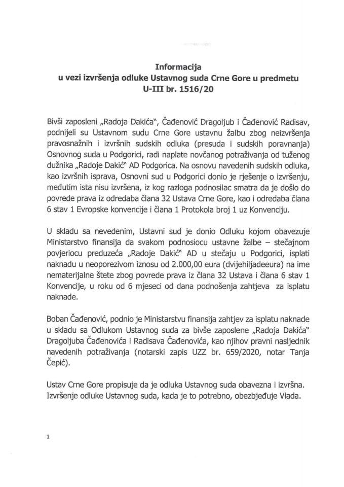 Informacija u vezi izvršenja odluke Ustavnog suda Crne Gore u predmetu U-III br. 1516/20