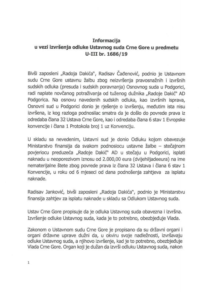 Informacija u vezi izvršenja odluke Ustavnog suda Crne Gore u predmetu U-III br. 1686/19