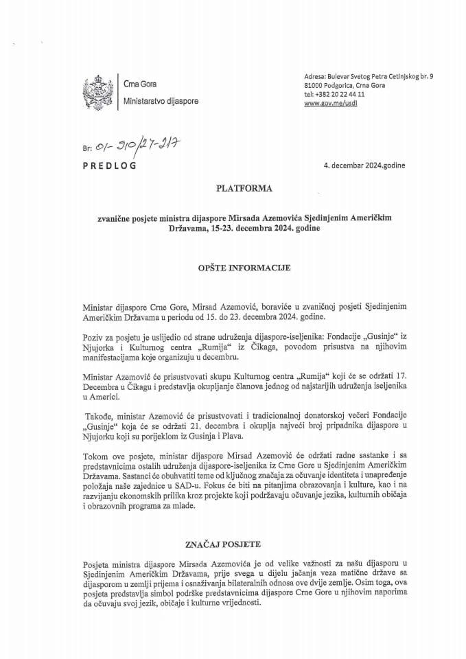 Predlog platforme za zvaničnu posjetu ministra dijaspore Mirsada Azemovića Sjedinjenim Američkim Državama, 15−23. decembra 2024. godine