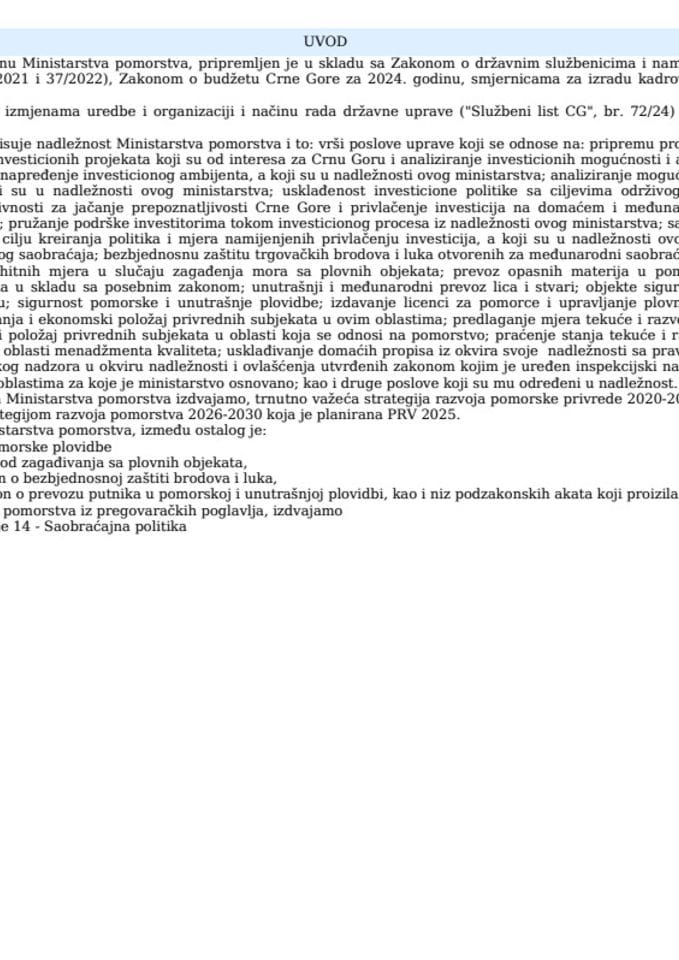 Nacrt kadrovskog plana Ministarstva pomorstva za 2024. godinu