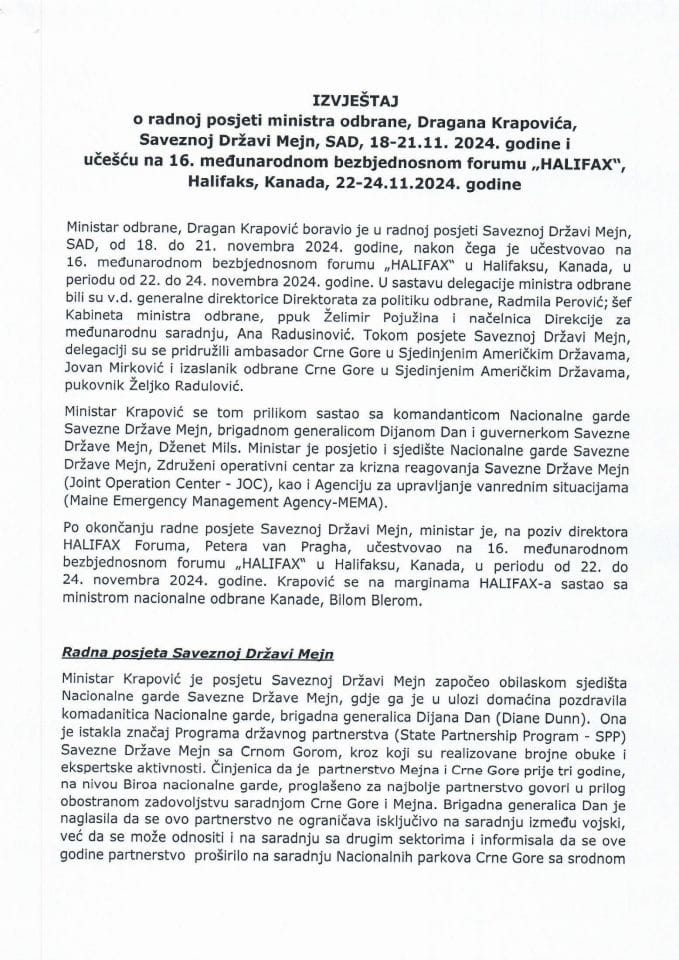 Izvještaj o radnoj posjeti ministra odbrane, Dragana Krapovića, Saveznoj Državi Mejn, SAD, 18-21.11.2024. godine i učešću na 16. međunarodnom bezbjednosnom forumu „HALIFAX“, Halifaks, Kanada, 22-24.11.2024. godine