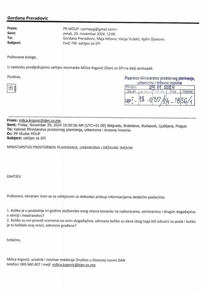 Zahtjevi - Slobodan pristup informacijama - UPI 18-037-24-1836-1 Milica Krgović Zahtjev