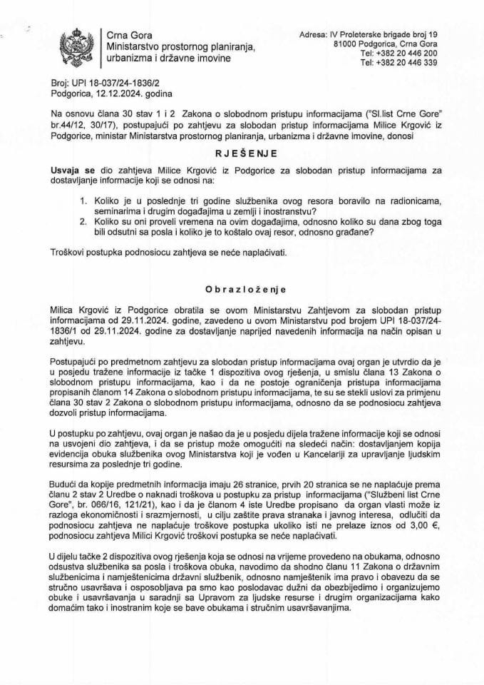 Rješenja - Slobodan pristup informacijama - UPI 18-037-24-1836-2 Milica Krgović Rješenje