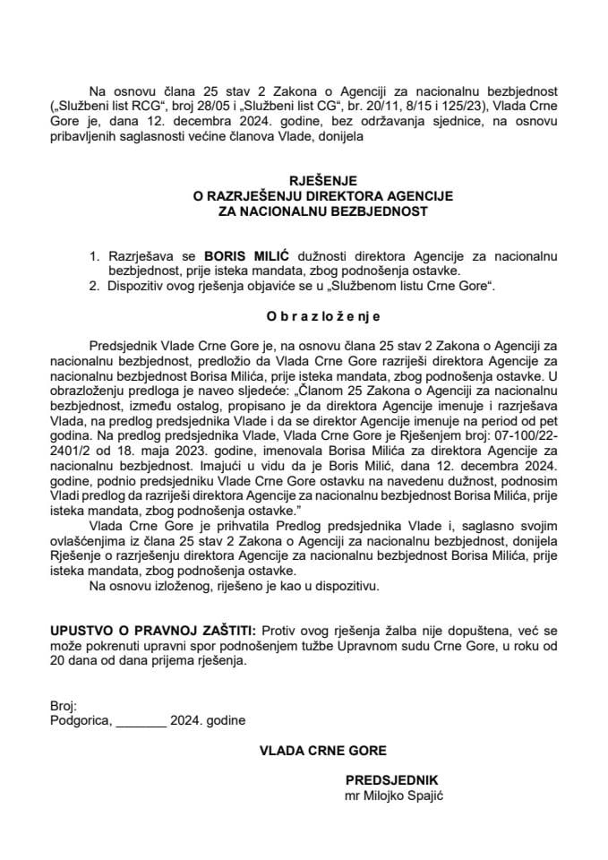 Predlogu za razrješenje direktora Agencije za nacionalnu bezbjednost