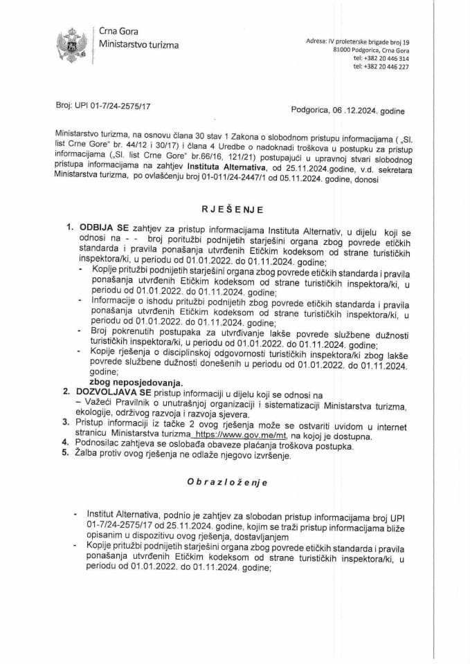 Rješenje - Slobodan pristup informacijama - UPI-07-24-2575-17 - Institut Alternativa