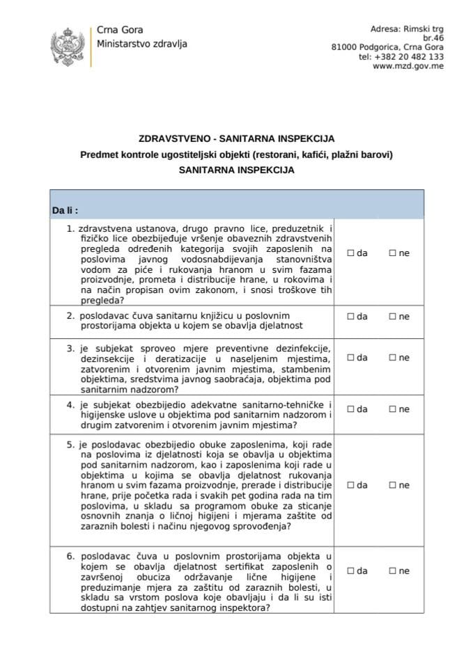 Kontrolna lista - Inspekcijski nadzor u ugostiteljskom objektu (restorani, kafići, plažni barovi)