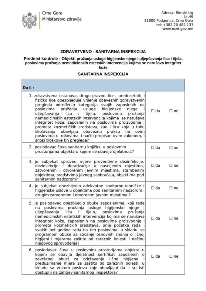 Kontrolna lista - Inspekcijski nadzor u objektu pružanja usluge higijenske njege i uljepšavanja lica i tijela, poslovima pružanja nemedicinskih estetskih intervencija kojima se narušava integritet kože