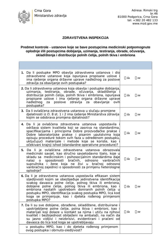 Kontrolna lista - Inspekcijski nadzor u ustanovi koje se bave postupcima medicinski potpomognute oplodnje i/ili postupcima dobijanja, uzimanja, testiranja, obrade, očuvanja, skladištenja i distribucije polnih ćelija, polnih tkiva i embriona