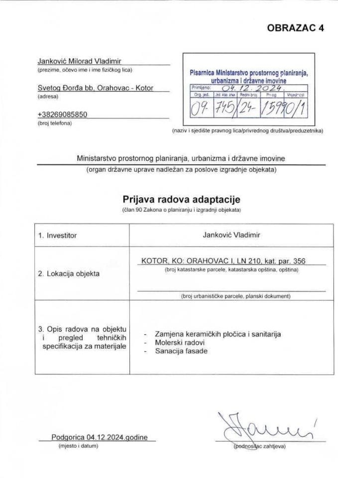 Prijava radova adaptacije - JANKOVIĆ VLADIMIR 09-745-24-15990-1