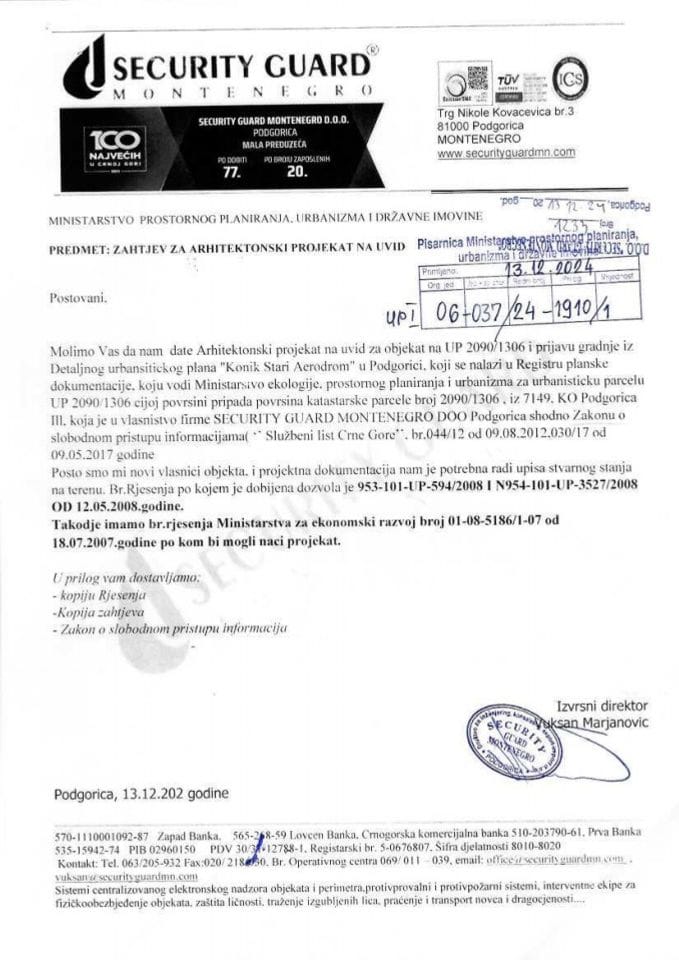 Zahtjevi - Slobodan pristup informacijama - UPI 06_037_1910_1 Security Guard Montenegro