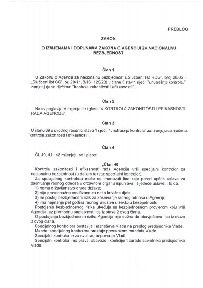 Предлог закона о измјенама и допунама Закона о Агенцији за националну безбједност