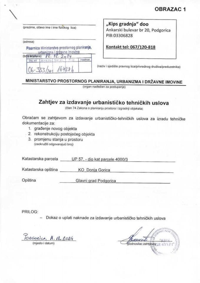 Zahtjevi za izdavanje urbanističko tehničkih uslova - 06_333_24_16427_1 Kips gradnja doo