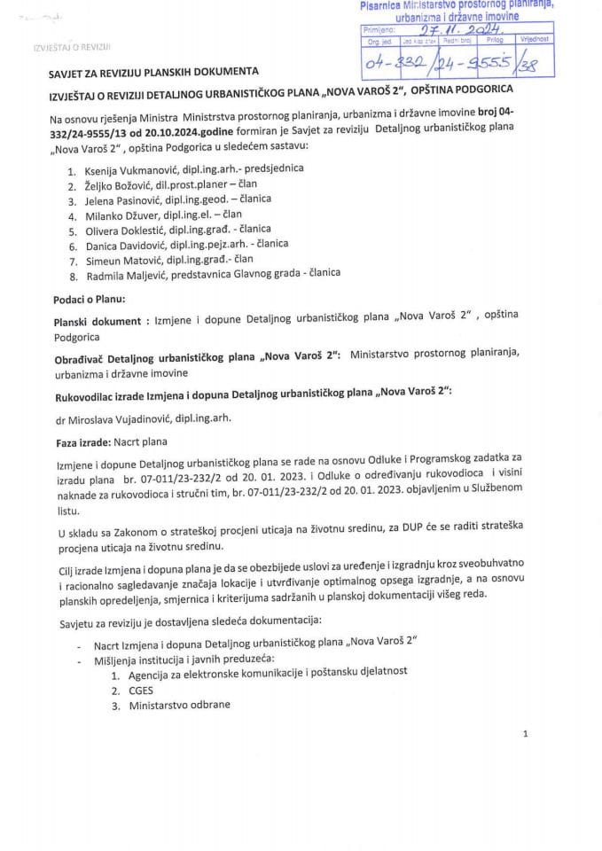 Savjet za reviziju planskih dokumenata - Izvještaj o reviziji Urbanističkog projekta „Nova Varoš II“, Opština Podgorica