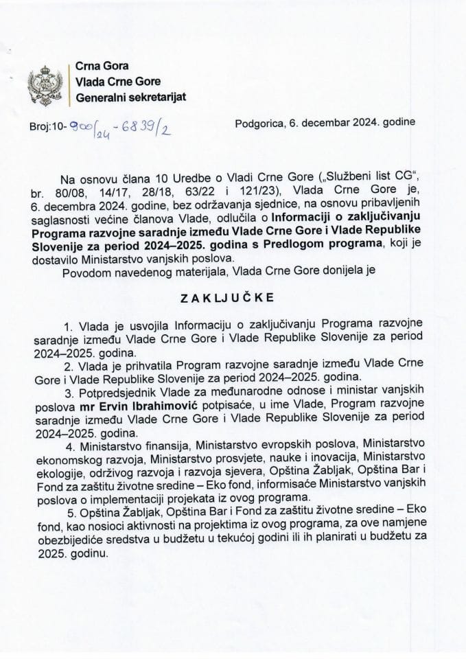 Информација о закључивању Програма развојне сарадње између Владе Црне Горе и Владе Републике Словеније за период 2024-2025. година с Предлогом програма - закључци