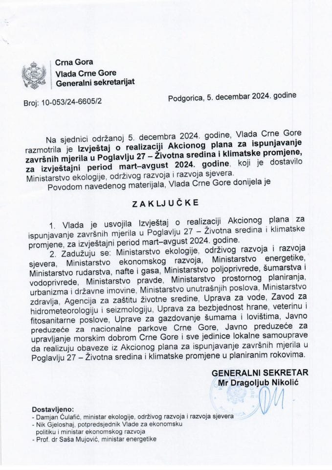 Izvještaj o realizaciji Akcionog plana za ispunjavanje završnih mjerila u Poglavlju 27 - Životna sredina i klimatske promjene, za izvještajni period mart - avgust 2024. godine - zaključci