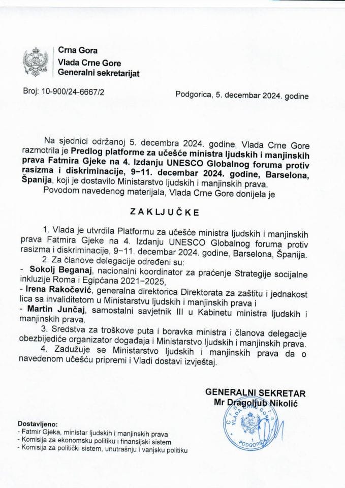 Predlog platforme za učešće ministra ljudskih i manjinskih prava Fatmira Gjeke na 4. Izdanju UNESCO Globalnog foruma protiv rasizma i diskriminacije, 9−11. decembar 2024. godine, Barselona, Španija - zaključci